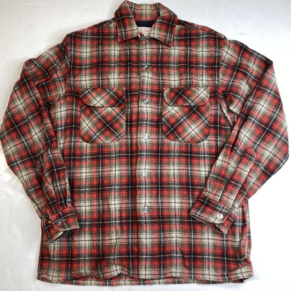 Vintage Wool Blend Shacket Brent Mens Small Red Plaid Long Sleeve Buttons Japan